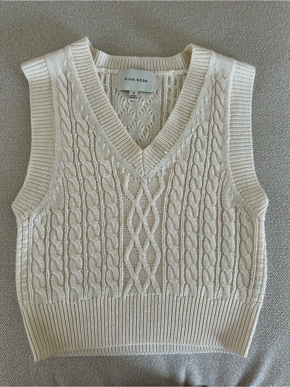 PINK ROSE Cream Cable Knit V-Neck Sweater Vest